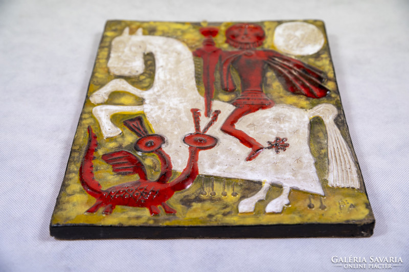 Retro Sárkányölő Szent György kerámia falikép 31x 31 cm PA jelölés