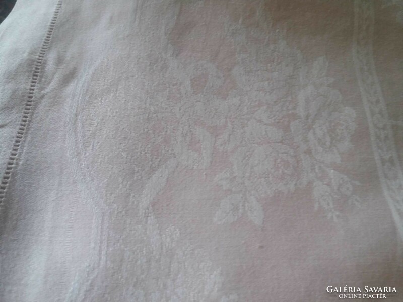Old, floral pattern, pink damask tablecloth with 6 napkins