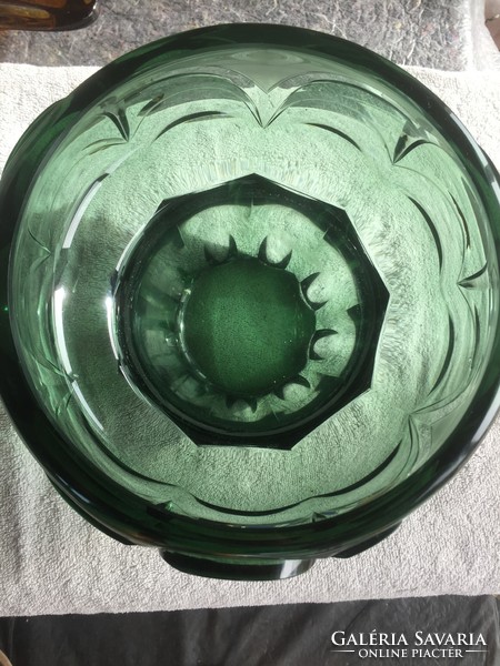 Zöld, régi kristályüveg kaspó, váza, mély tál (201)