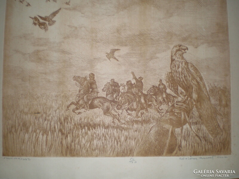 Gábor Rádóczy Gyarmathy, falconers! Big size ! ! Signed, 84 / 100 etching