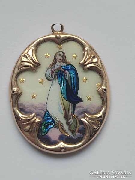Antik 14k arany lóhere keretes porcelán tűzaranyozott Szűz Mária medál!