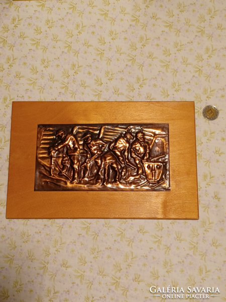 Retro wall picture embossed copper sheet on wooden frame - miners