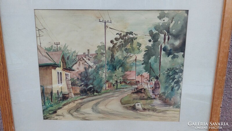 Marked watercolor painting, village street