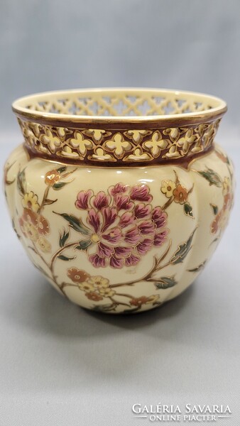 Zsolnay virágos, kézzel festett porcelán kaspó