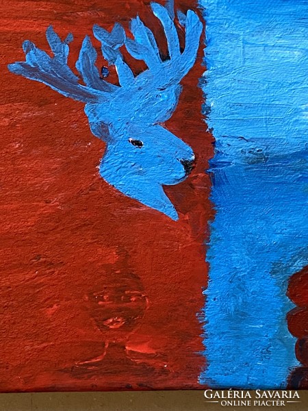 Red and blue fool oil painting without frame 28 x 35 cm
