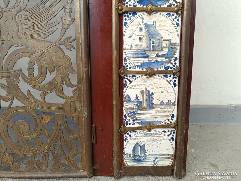 Antique engraved copper stove with door, fireplace frame, Delft tile inlay with decoration 444 8128