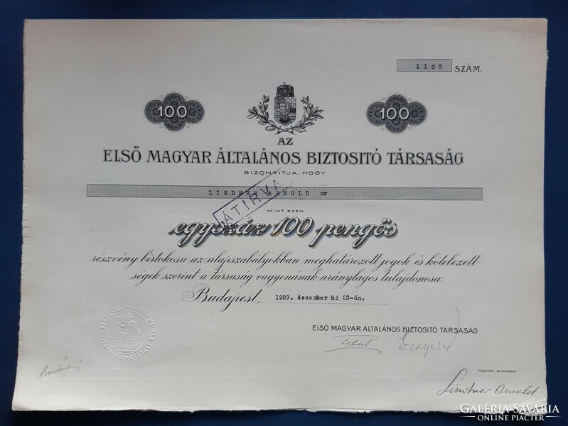 Első Magyar Általános Biztosító Társaság részvény, 100 pengő 1929.