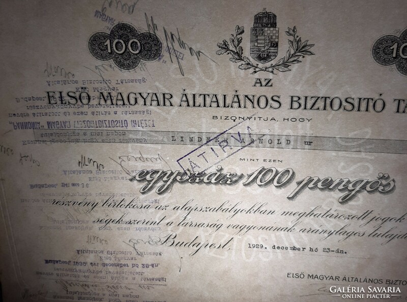 Első Magyar Általános Biztosító Társaság részvény, 100 pengő 1929.