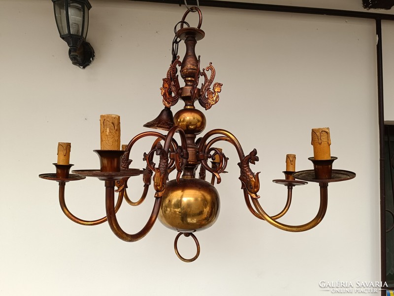 Antique 6-arm patinated copper Flemish chandelier + 6 new bulbs 430 8112