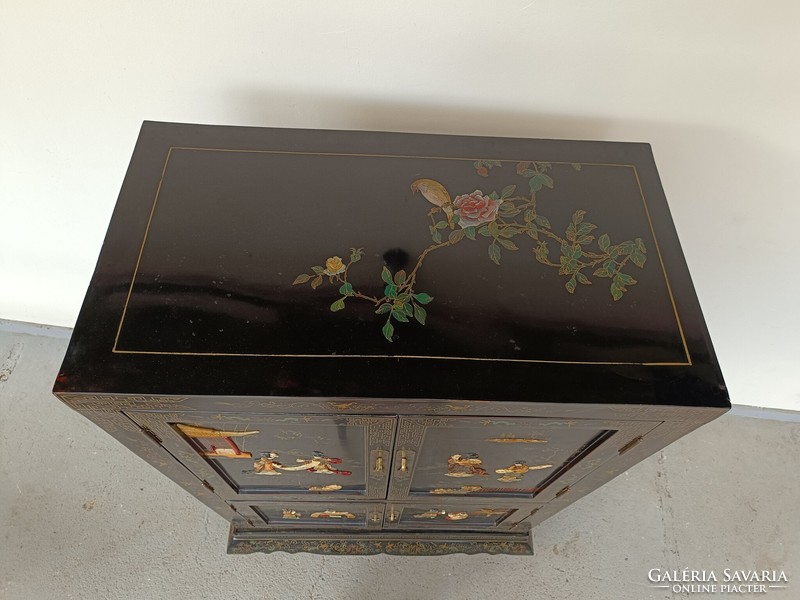 Antique Chinese furniture plant geisha bird grease stone convex inlaid painted black lacquer cabinet 449 8136