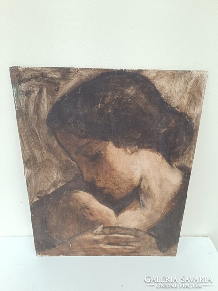 Antique oil on wooden board René de Pauw signed mother with child painting without frame 427 8116
