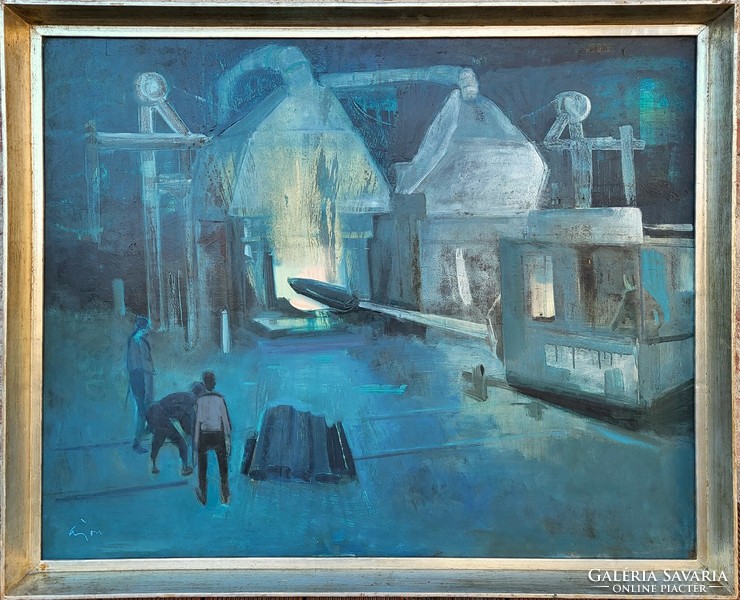 107x87cm !! Áron Nagy Lajos (1913 - 1987) Kohászok c. festménye Eredeti Garanciával!