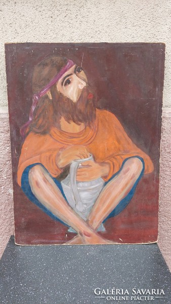 Kun Pál 1994 Ózd, utcai zenész festmény, olaj-farost