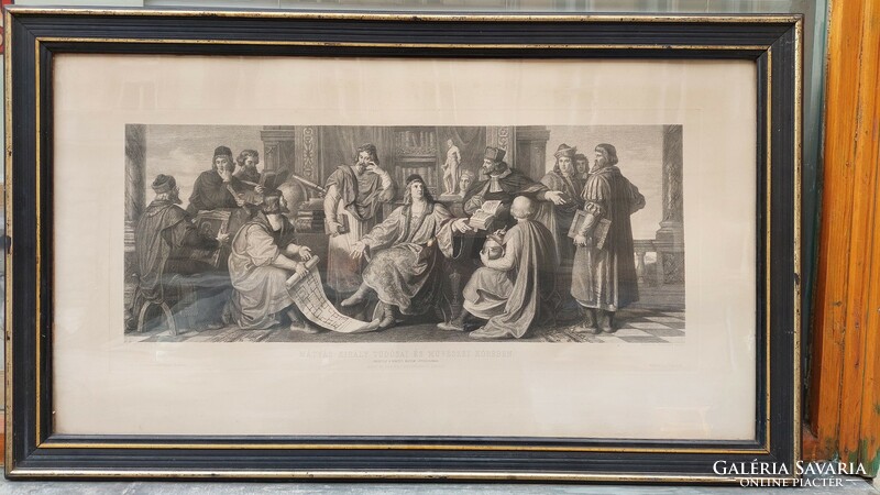Among the scientists and artists of King Matthias, lithograph in a glazed picture frame
