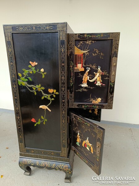 Antik kínai bútor növény gésa madár zsírkő dombor berakásos festett fekete lakk szekrény 449  8136
