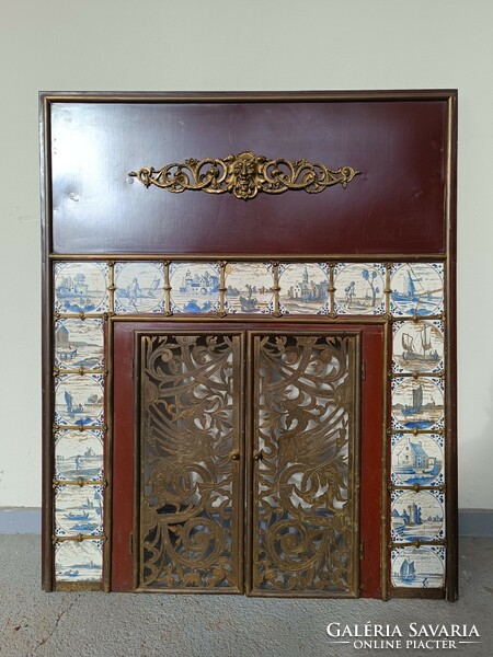 Antique engraved copper stove with door, fireplace frame, Delft tile inlay with decoration 444 8128