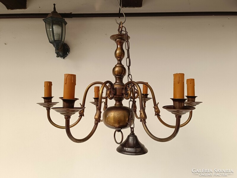 Antique 6-arm patinated copper Flemish chandelier + 6 new bulbs 447 8134