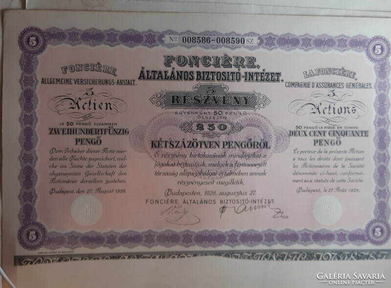 FONCIÉRE Általános Biztosító-Intézet  részvény, 250 pengő 1926.