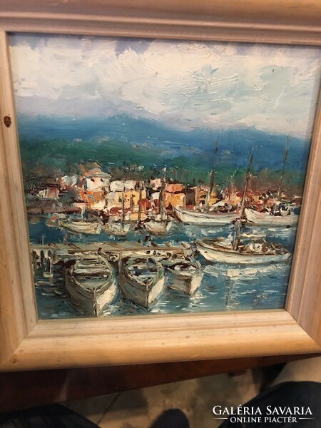 Port of Balaton, painting, oil on canvas, signed, 16 x 16 cm