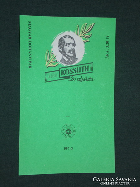 Tobacco cigarette label, silver kossuth, 20 cigarettes, HUF 3.20, Pécs tobacco factory