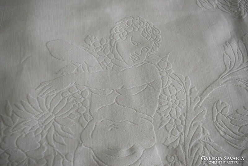 Antique bedspread, tablecloth with putto pattern 180 x 165 cm