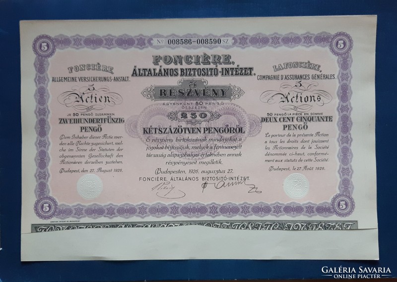 Fonciére general insurance company share, 250 pengő 1926.