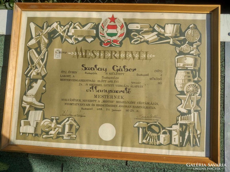 Kádár master's certificate in a huge frame, 70s