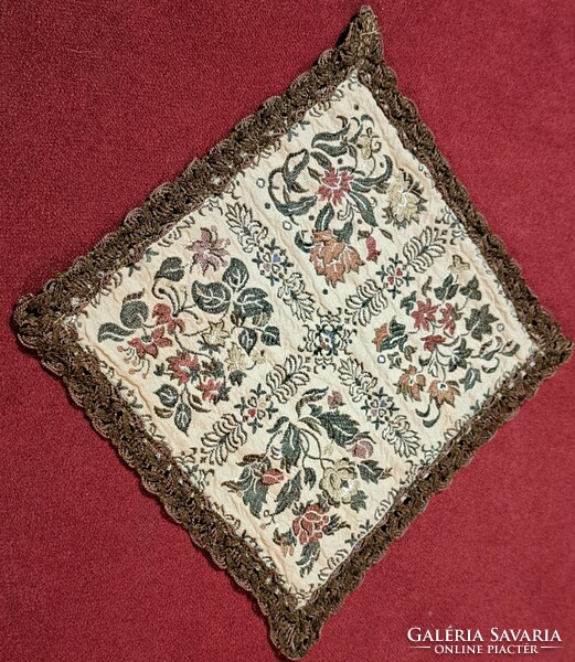Old small tapestry tablecloth in display case (l4241)