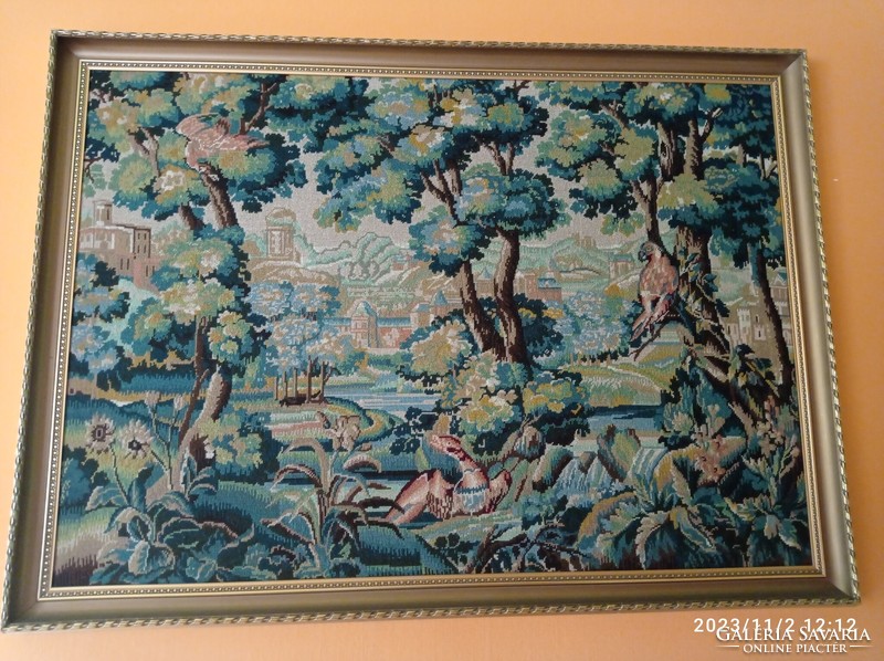 Angolkert, Édenkert kézzel készített gobelin, 95x130 cm, szép fa keretben, Falikép