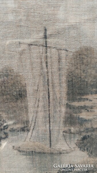 Old needlework, fabric image, landscape