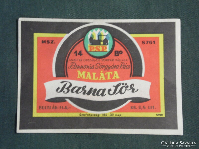 Beer label, Pannonia brewery Pécs, malt brown beer