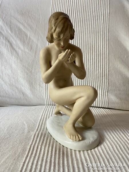 Régi, ritka Schaubach Kunst egész alakos női akt porcelán szobor
