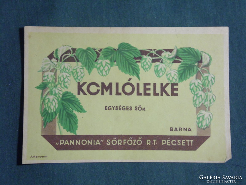 Sör címke, Pannonia sörgyár Pécs, Komlólelke egységes sör