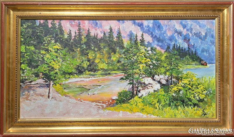 Alpine hut by the lake (oil painting with frame) colorful, romantic winter landscape, pine forest