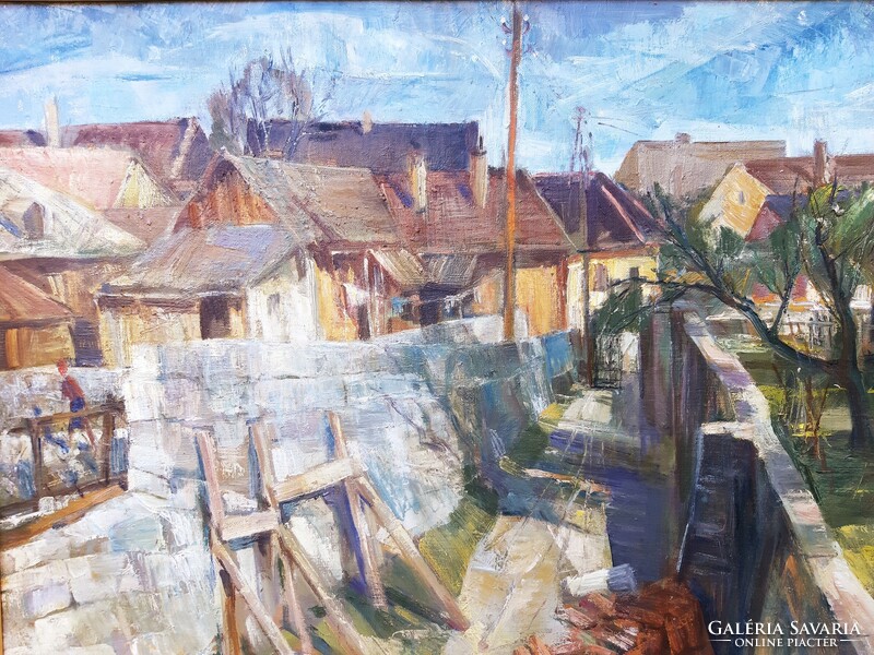 Udvary Pál (1900-1987) Budafoki Külváros,Képcsarnokos Festmény