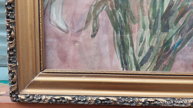 Üvegezett arany-fa képkeret akvarell festménnyel
