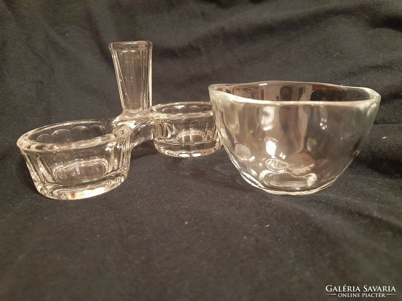 Glass salt and pepper holder, table spice holder and special small cloudy bowl together
