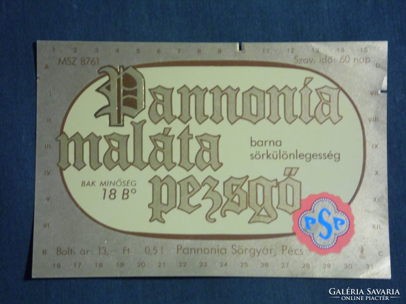 Beer label, Pannonia brewery Pécs, Pannonia malt sparkling brown beer