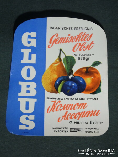 Konzerv befőtt címke, Magyar konzervgyár, GLOBUS vegyes gyümölcs befőtt
