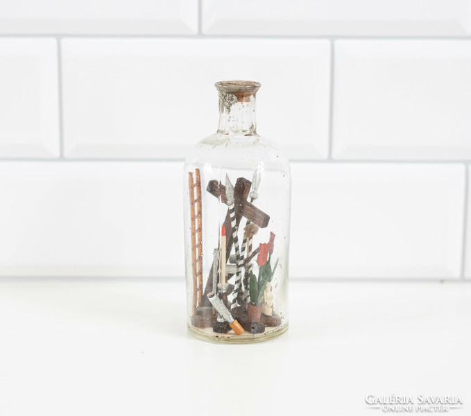 Old handmade patience glass with Christ and cross - bottle, flask