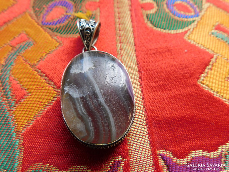 Striped agate large pendant, marked 925 sterling silver