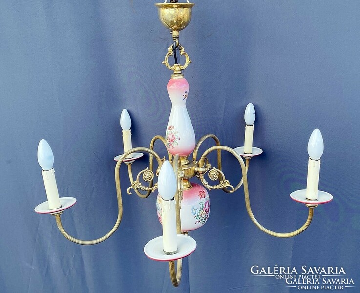 Painted pink porcelain, majolica chandelier. 6 branches.