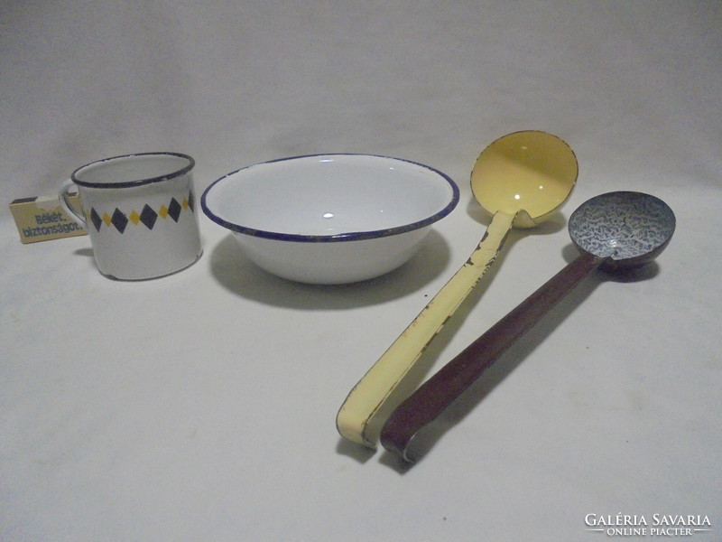 Old enamel kitchen utensil - four pieces together - mug, bowl, ladles - folk, peasant decor