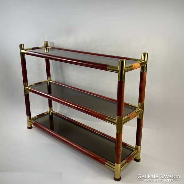 Special mid-century mahogany, glass bookcase with copper inlay