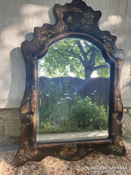 Far-Eastern mirror with etched glass and black gold trim