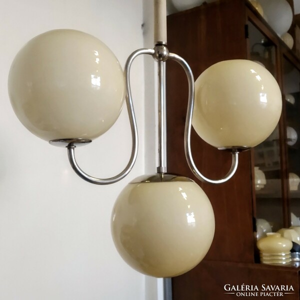 Art deco - bauhaus 3-burner nickel-plated chandelier renovated - cream-colored spherical shades