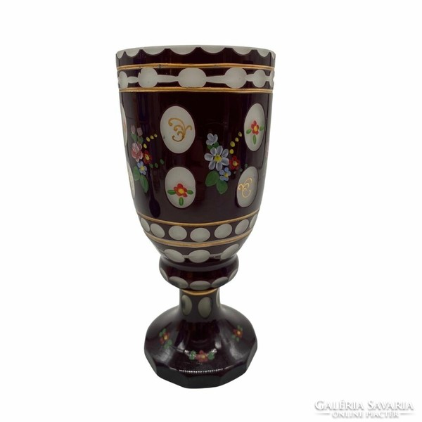 Commemorative burgundy cup with foot with colorful flowers m01296