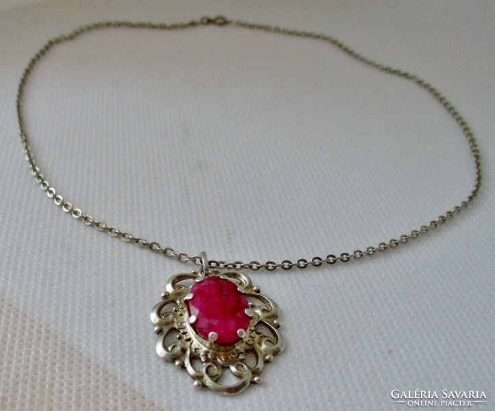 Beautiful old silver necklace with genuine ruby stone pendant