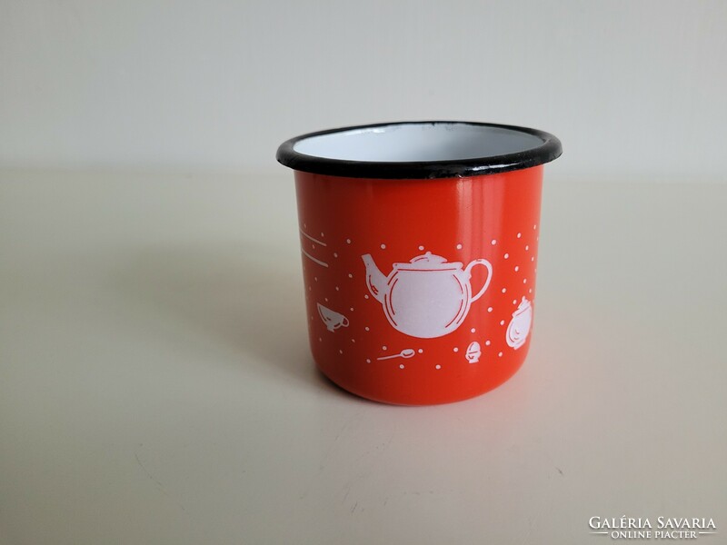 Old retro enameled polka dot pot pattern metal enameled small children's mug