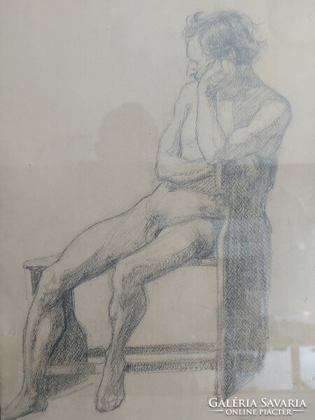 Unsigned pencil drawing - study drawing - seated male nude 113